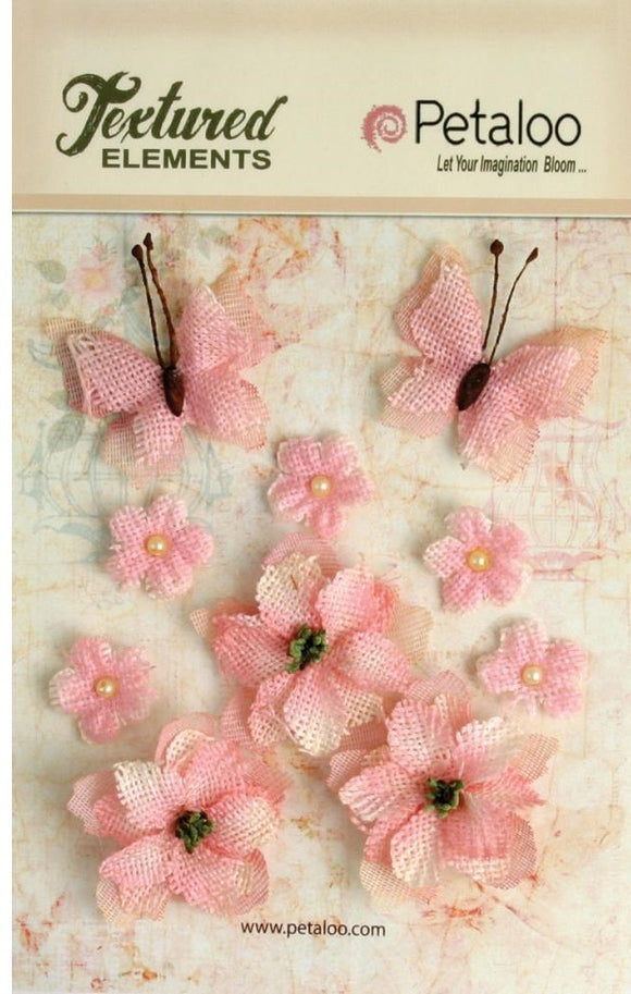 Petaloo RETIRED Textured Elements Pink Burlap Blossoms/Butterflies