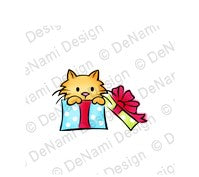 DeNami Design "Kitty in Present" Wood Mounted Rubber Stamp