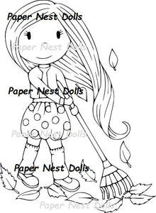 Paper Nest Dolls "Raking Leaves Avery" Rubber Stamp